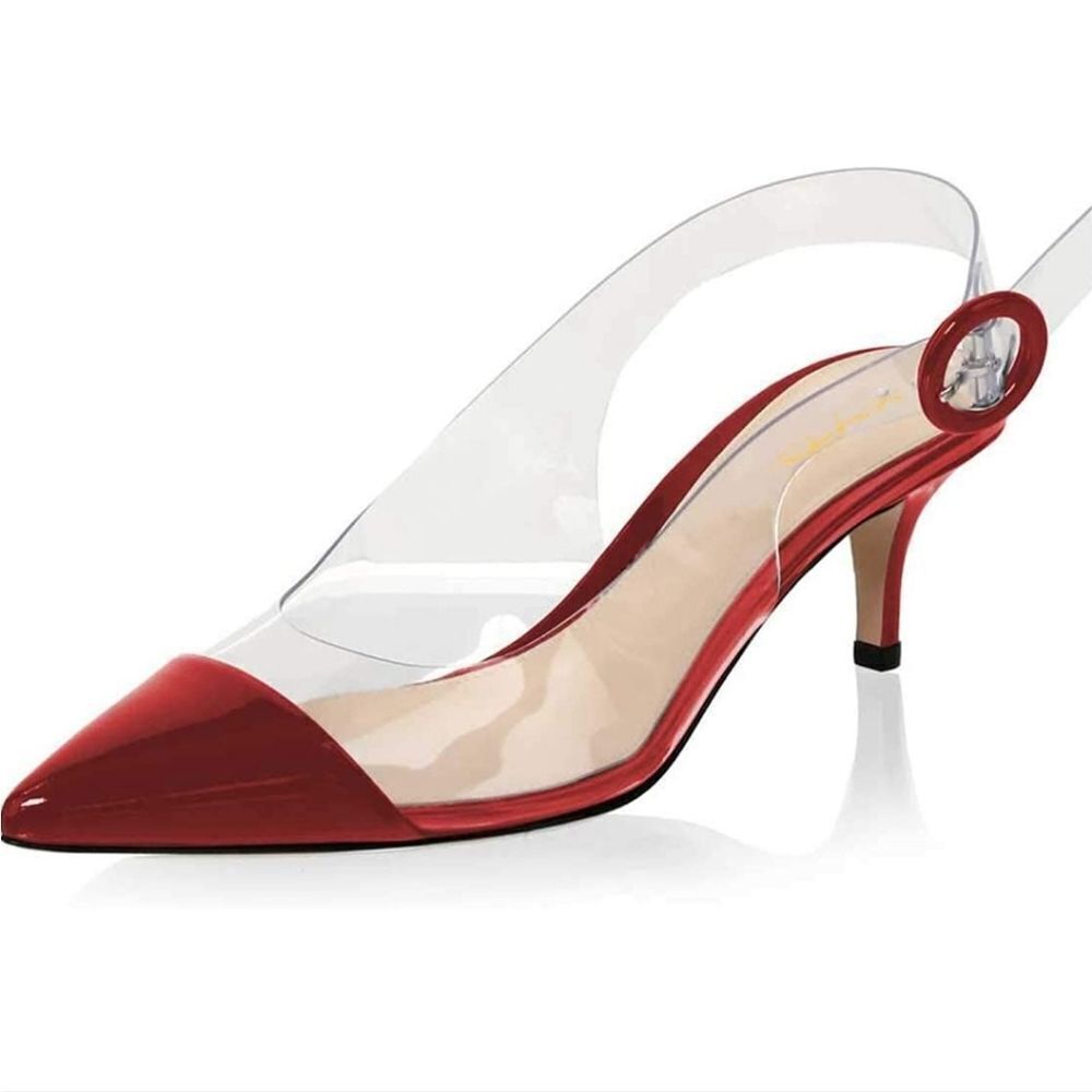 NIB YODEK Transparent Slingback Mid Kitten Heel Patent Leather Pumps Pointed Toe